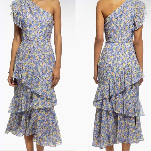 Shoshanna Priya One Shoulder Midi Dress Size 2 Floral Ruffled Tiered Cocktail - Picture 3 of 12